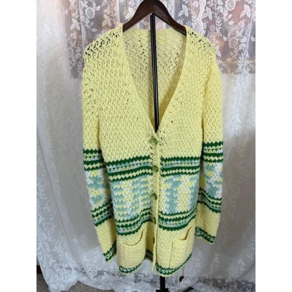 Vintage 1970's Handmade Crochet Cardigan Sweater Yellow Green Striped
